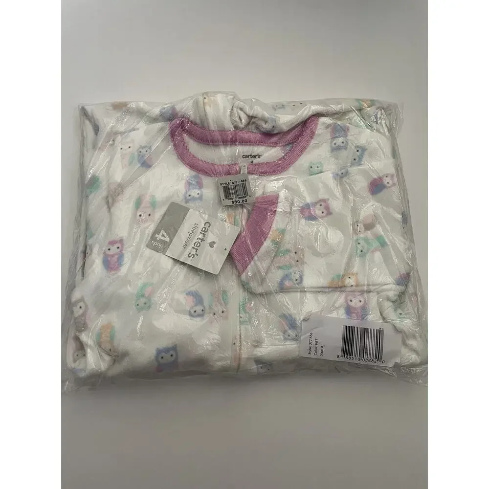 Carter's White Pink Blue Owl Microfleece Zip Up Girls' Footed Pajamas Size 4